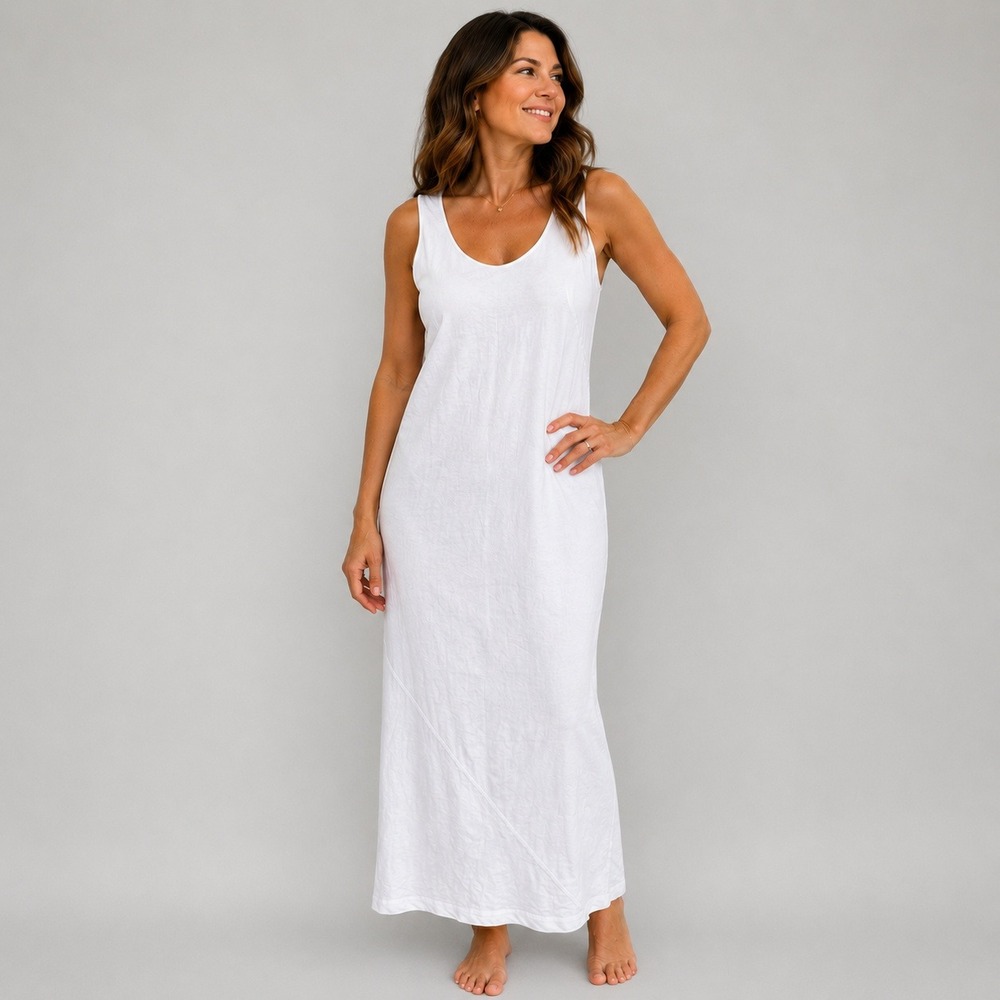 Banana Republic Maxi Dress Sz 14 White Linen Sleeveless Scoop Neck Column Lined
